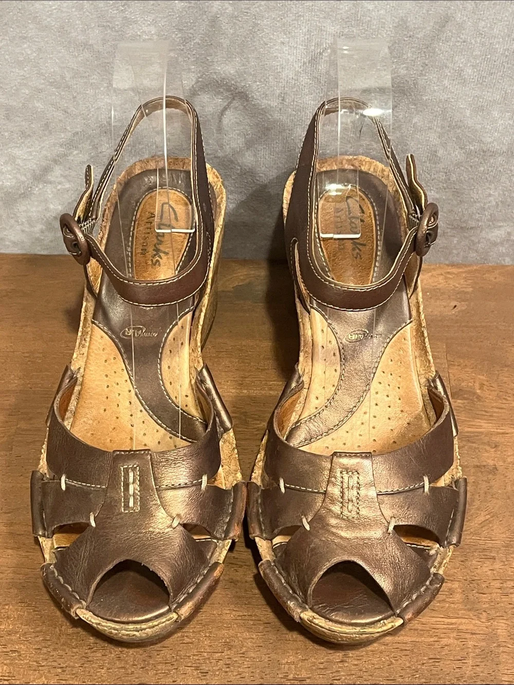 Clarks Brown Metallic Leather Cork Wedge Sandals with Ankle Strap size 6.5